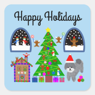 Happy Holidays Grey Poodle Christmas #6-2 Stickers