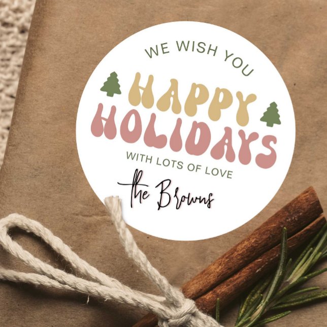 Happy Holidays Groovy Retro Christmas Gift Classic Round Sticker (Add a bit of nostalgia to your gift wrapping with this retro colorful Happy Holidays sticker)