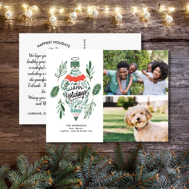 Happy Holidays Hand Drawn Ornament 2 Photos Postcard (Creator Uploaded)