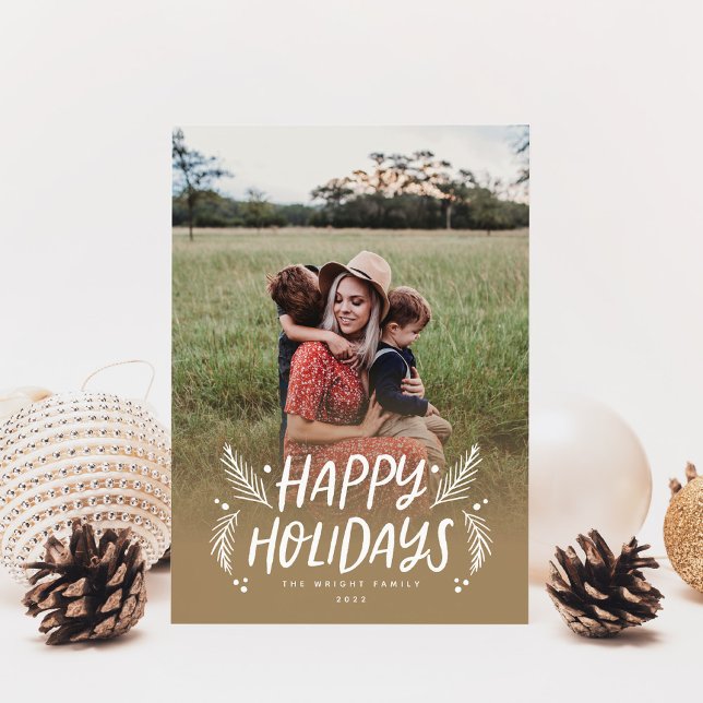 Happy Holidays Hand drawn Pine Berries Photo Holiday Card (Creator Uploaded)