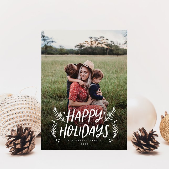 Happy Holidays Hand drawn Pine Berries Photo Holiday Card (Creator Uploaded)