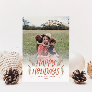 Happy Holidays Hand drawn Pine Berries Red Photo H Holiday Card