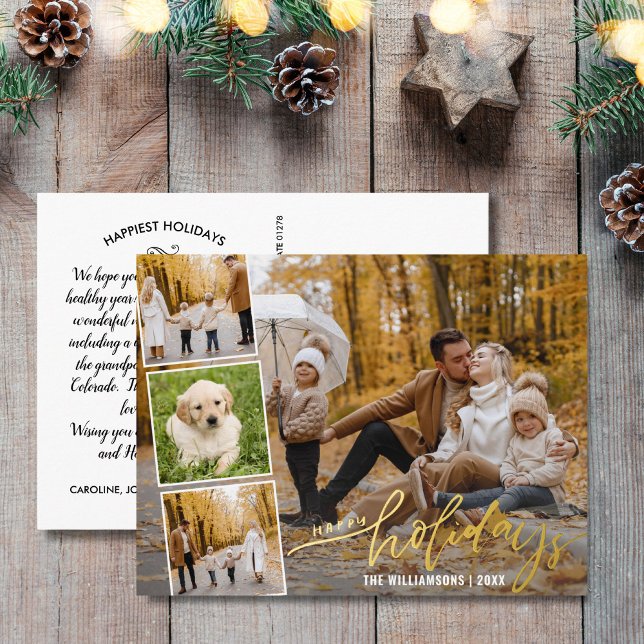 Happy Holidays Hand Lettered Photo Collage Gold Foil Holiday Postcard (Creator Uploaded)