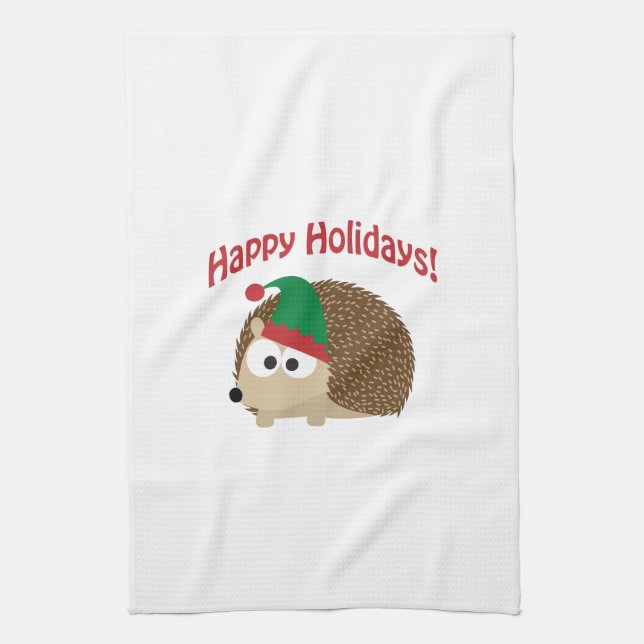 Happy Holidays! Hedgehog Elf Tea Towel (Vertical)