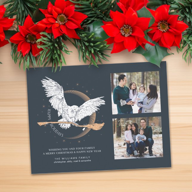 Happy Holidays Hedwig Delivery | Family Photo Holiday Postcard (Card on table)