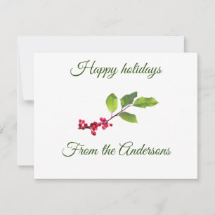 Happy holidays holly berries branch name place card