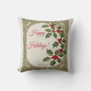 Happy Holidays Holly Berry Art Nouveau Christmas Cushion