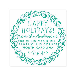 Happy Holidays Holly & Pine Wreath Return Address Self-inking Stamp