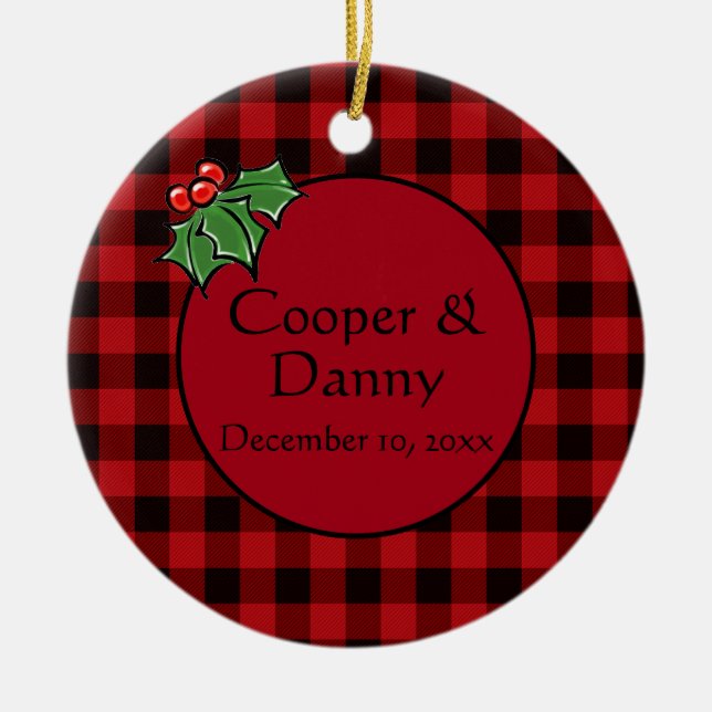 Happy Holidays Holly Sprigs, Christmas greenery Ceramic Tree Decoration (Front)