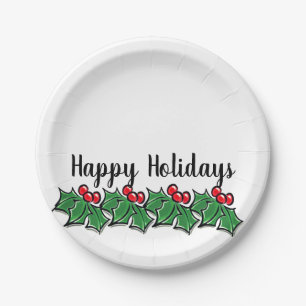 Happy Holidays Holly Sprigs, Christmas greenery Paper Plate
