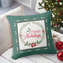 Happy Holidays Holly Wreath Christmas Throw Pillow