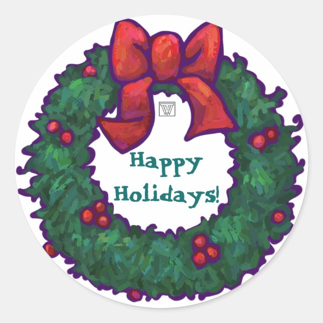 Happy Holidays Holly Wreath Classic Round Sticker (Front)