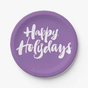 Happy Holidays Holydays Christmas Lettering Purple Paper Plate