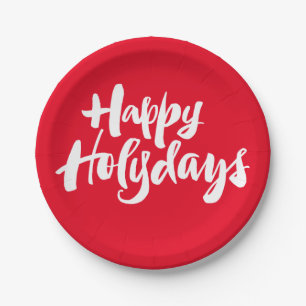 Happy Holidays Holydays Christmas Lettering Red Paper Plate