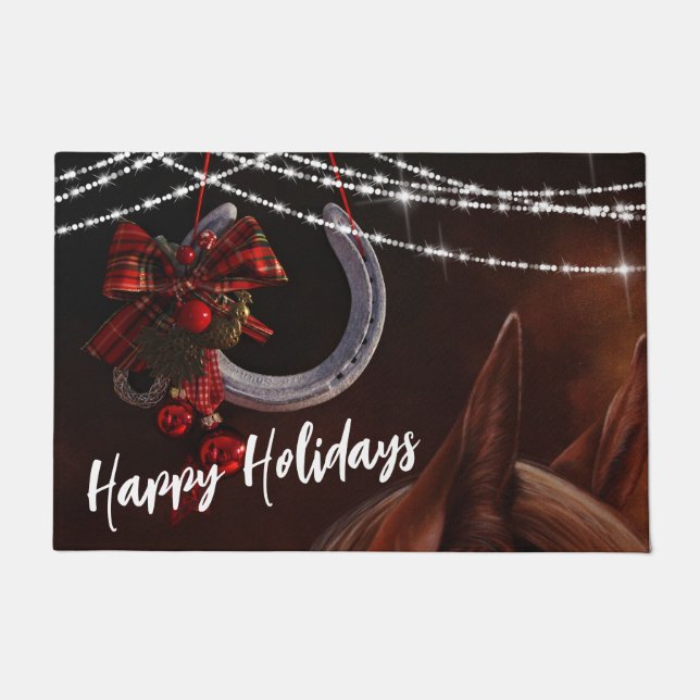 Happy Holidays Horse and Horseshoe Christmas Doormat (Front)