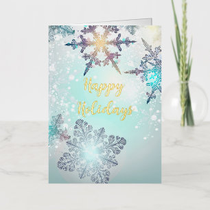 Happy Holidays Ice Blue Snowflake Foil Holiday Card