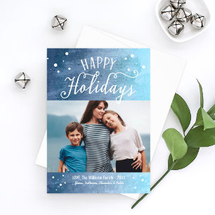 Happy Holidays Ice Blue Snowy Watercolor Photo Holiday Card