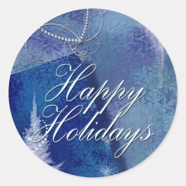 Happy Holidays in blue Classic Round Sticker (Front)