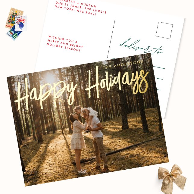 HAPPY HOLIDAYS in gold Christmas Photo Foil Holiday Postcard (Creator Uploaded)