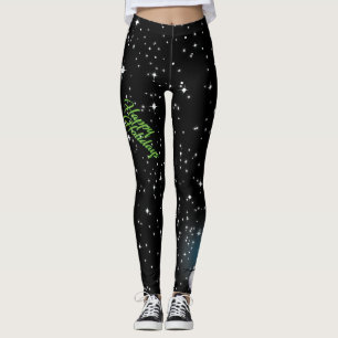 Happy Holidays in Green Text with Snowman on BLACK Leggings