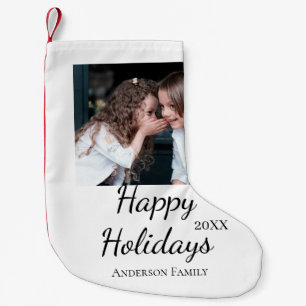 Happy holidays kids family photo modern gifts text small christmas stocking