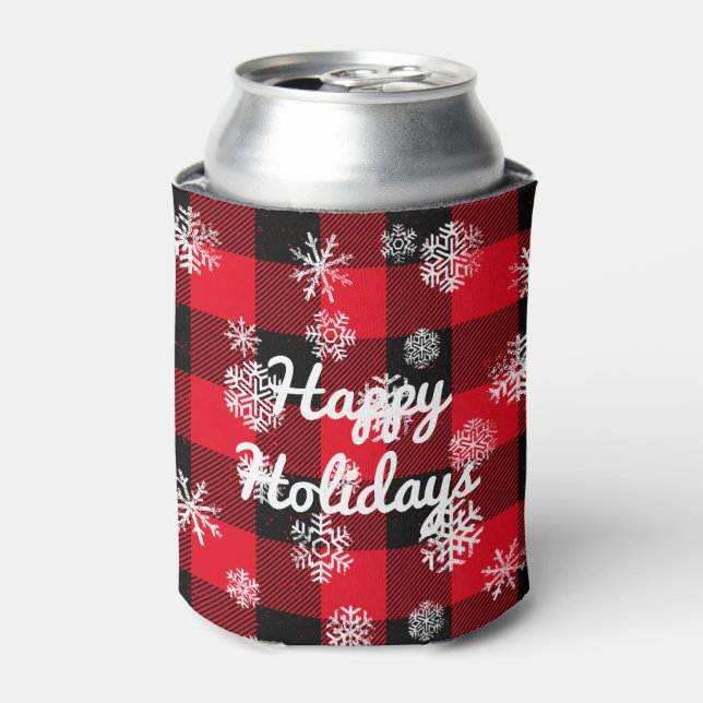 Happy Holidays l  Snowflakes Red Buffalo Plaid Can Cooler (Can Front)