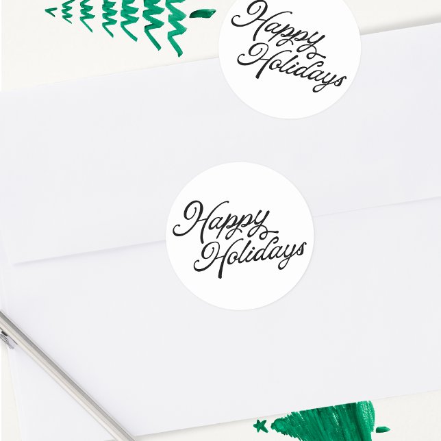 Happy Holidays Lettering Black and White Classic Round Sticker (Creator Uploaded)