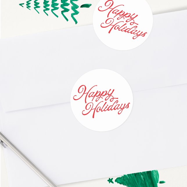 Happy Holidays Lettering Red and White Classic Round Sticker (Creator Uploaded)