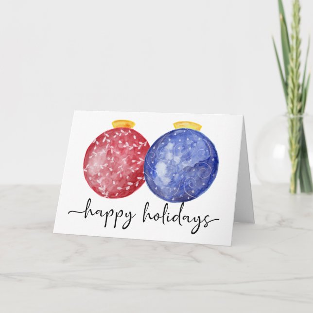 Happy Holidays Lettering Watercolor Ornaments Cute Holiday Card (Front)