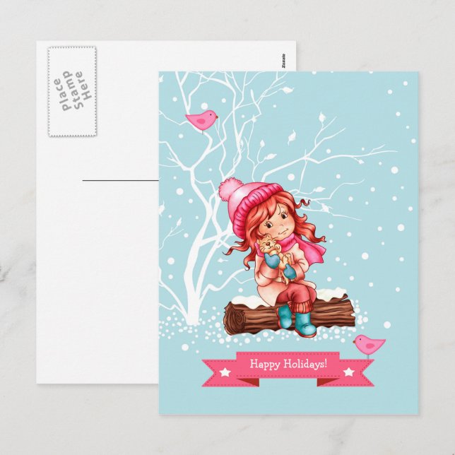 Happy Holidays. Little Girl and Kitty Christmas  Holiday Postcard (Front/Back)