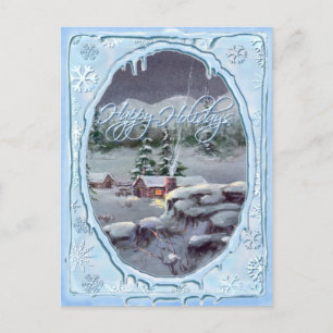 HAPPY HOLIDAYS LOG CABIN by SHARON SHARPE Holiday Postcard