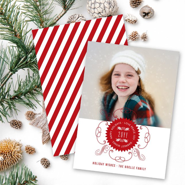 Happy Holidays Love Peace Joy Ornate Seal Photo Holiday Card (Creator Uploaded)