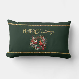 Happy Holidays Lumbar Pillow with Cardinal Wreath