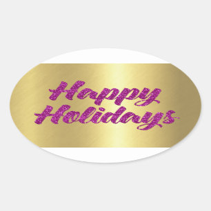 Happy Holidays Magenta Pink Glitter on Gold Oval Sticker