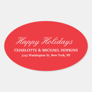 Happy Holidays Merry Christmas Bright Red Family Oval Sticker