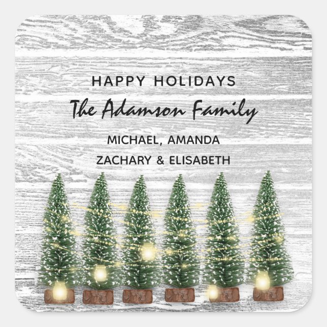 Happy Holidays Merry Christmas Tree Name Rustic Square Sticker (Front)