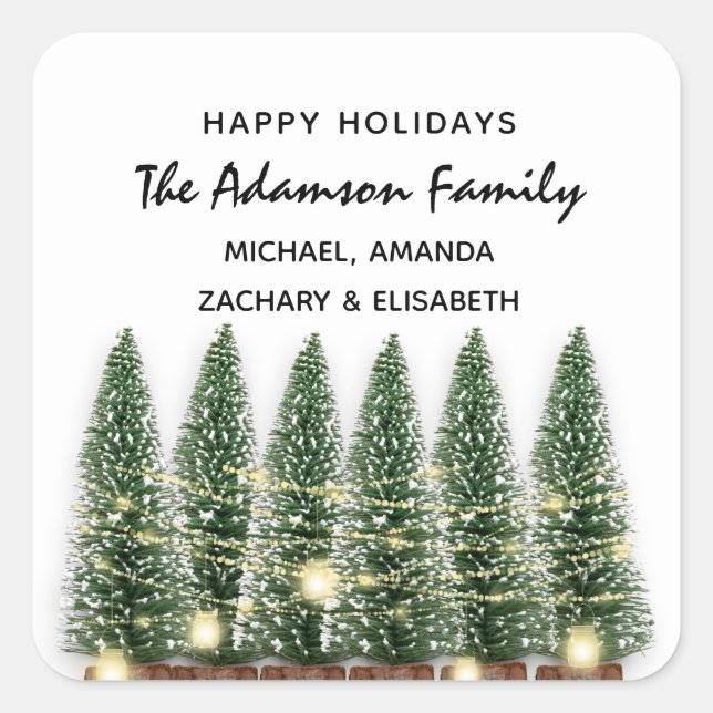 Happy Holidays Merry Christmas Tree Name White Square Sticker (Front)