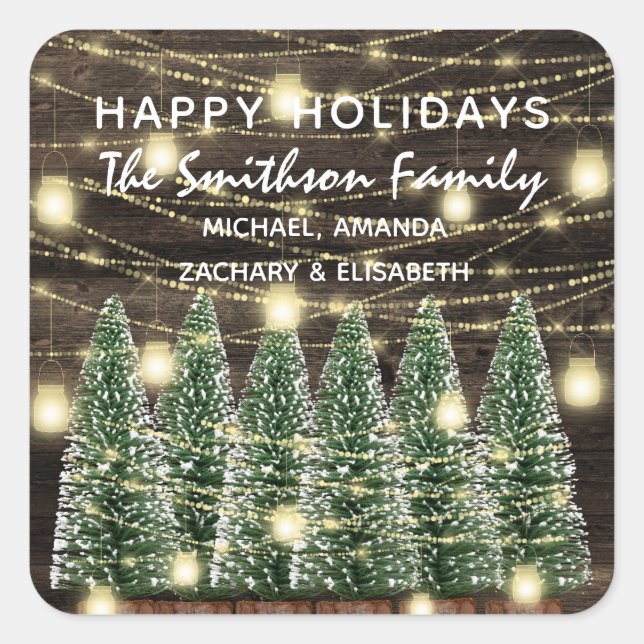 Happy Holidays Merry Christmas Trees Name Rustic Square Sticker (Front)