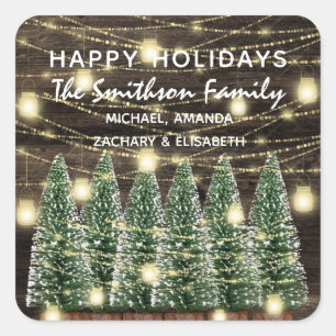 Happy Holidays Merry Christmas Trees Name Rustic Square Sticker