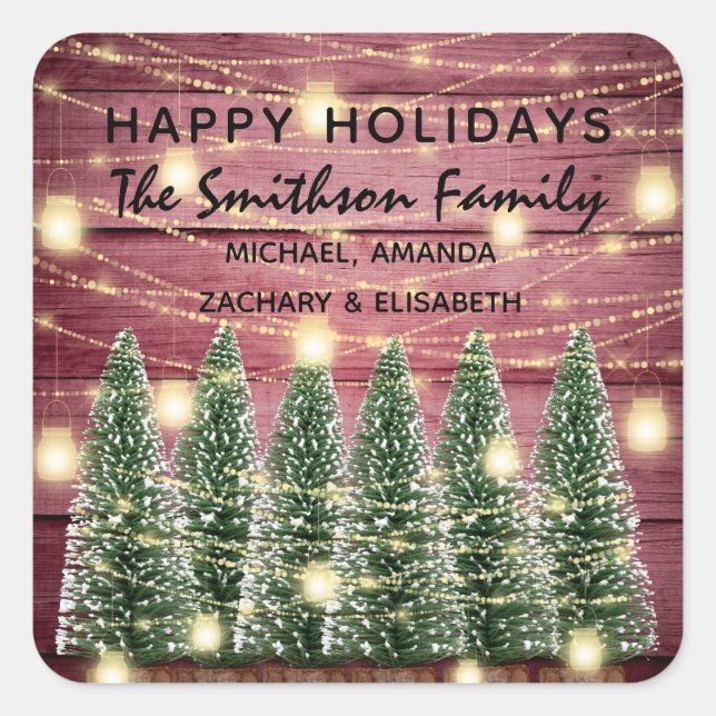 Happy Holidays Merry Christmas Trees Name Wood Square Sticker (Front)