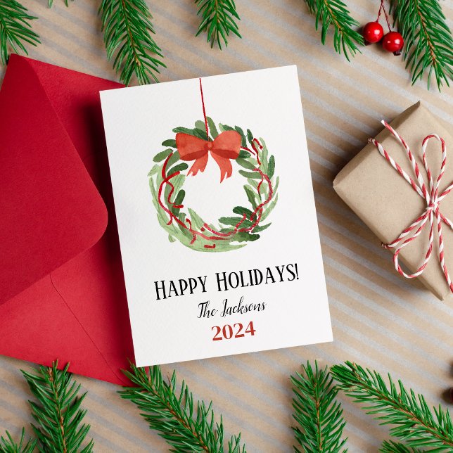 Happy Holidays Merry Christmas Wreath Folded Card (Front)