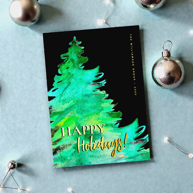 Happy Holidays Minimal Pine watercolor Business (Gold foil Happy Holidays watercolor pine tree corporate holiday card)