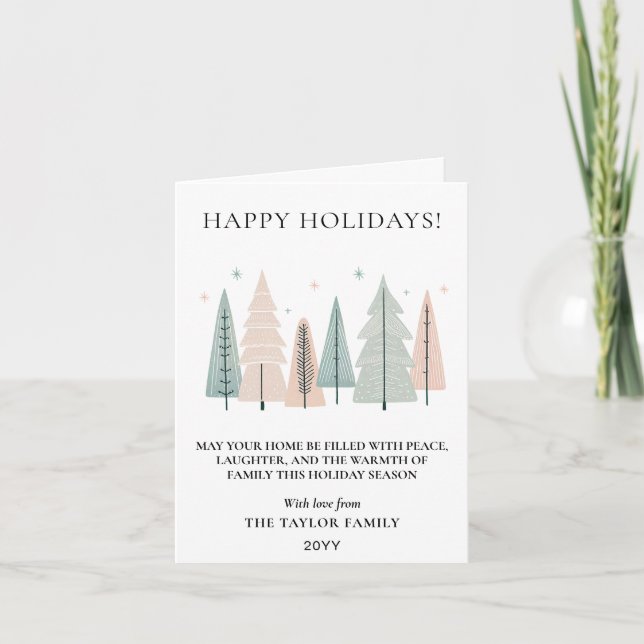 Happy Holidays Minimalist Boho Forest Trees Holiday Card (Front)