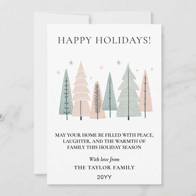 Happy Holidays Minimalist Boho Forest Trees Holiday Card (Front)