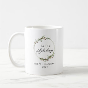 Happy Holidays Minimalist Family Name Wreath Coffee Mug