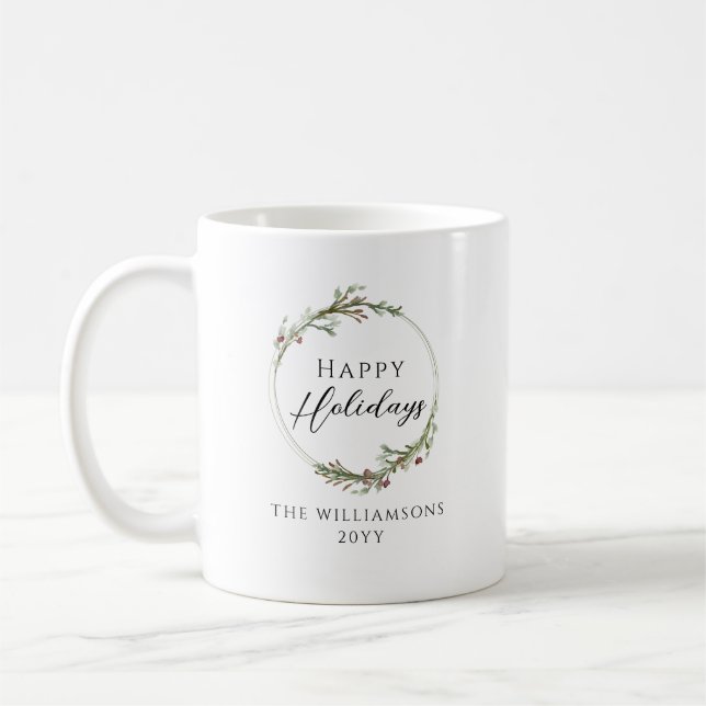 Happy Holidays Minimalist Family Name Wreath Coffee Mug (Left)