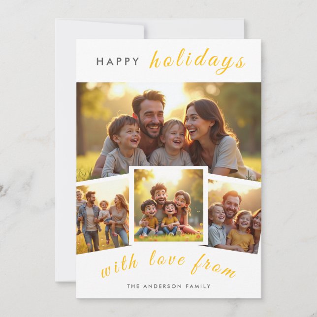 Happy Holidays | Minimalist Gold 4 Photo Collage H Holiday Card (Front)