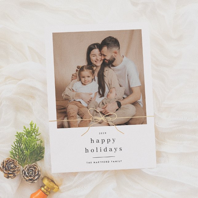 Happy Holidays Minimalist Gold Bow Christmas Photo Holiday Card (Creator Uploaded)