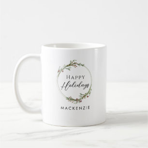 Happy Holidays Minimalist Name Wreath Coffee Mug
