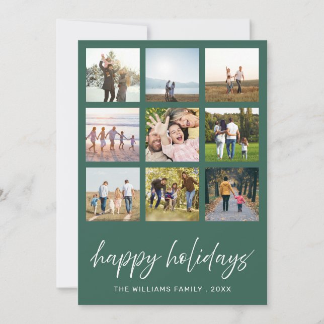 Happy Holidays Minimalist Script 9 Photo Collage Holiday Card (Front)
